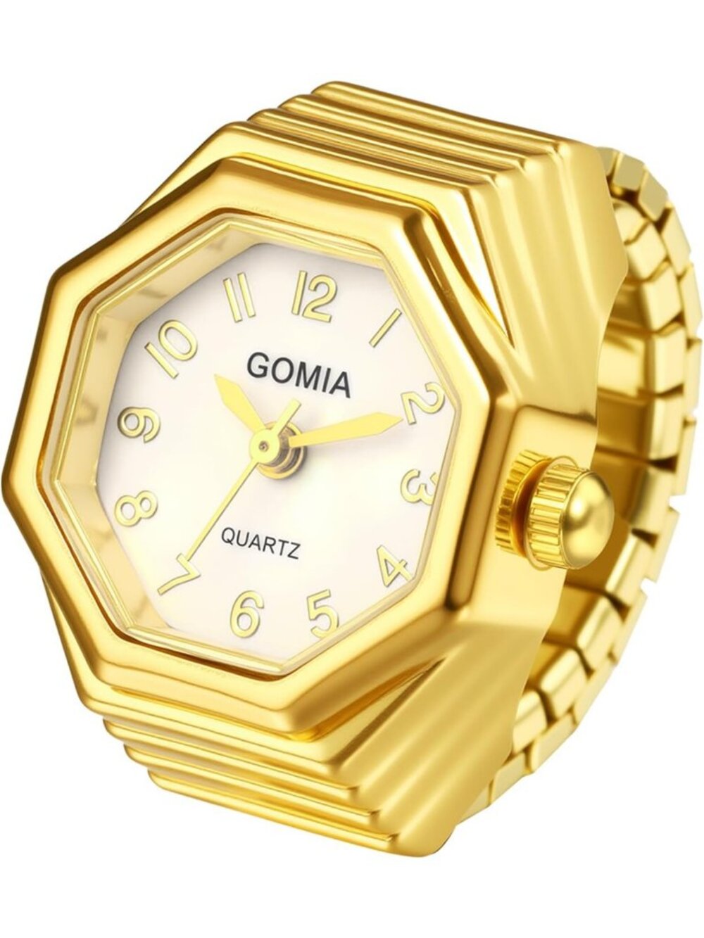 Unisex Gold Analog Quartz Stretchy Elastic Band Octagon Dial Finger Ring Watch